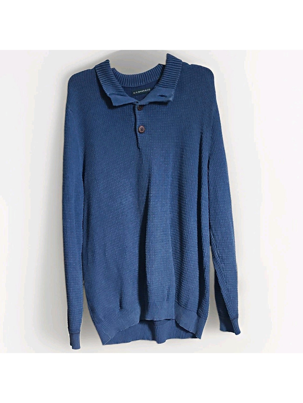 G.H. Bass & Co. Men’s L Cotton Waffle-Knit Collared Pullover Sweater Blue